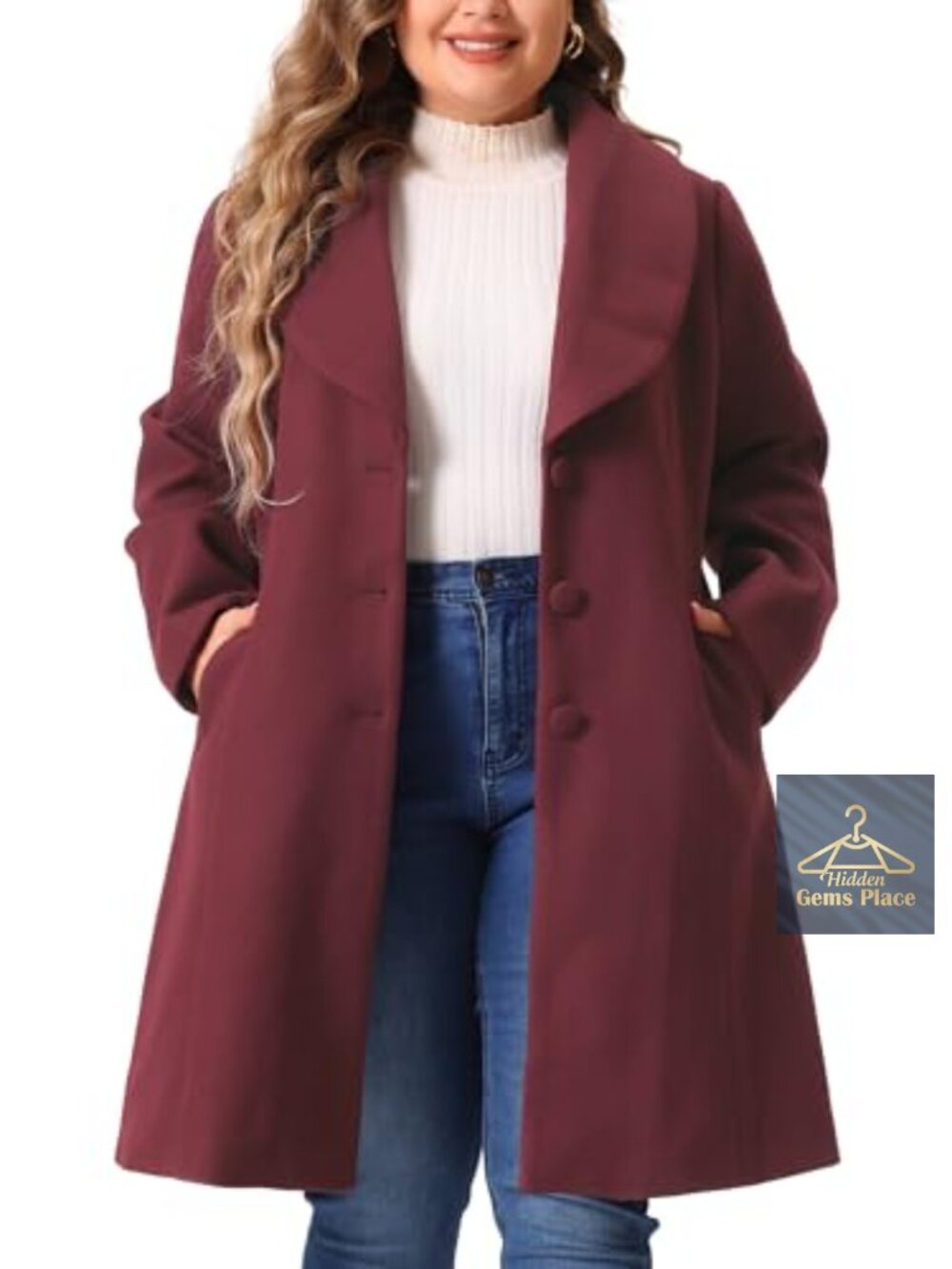 Plus Size Notched Shawl Collar Knee-Length Pea Coat Windproof Fitted